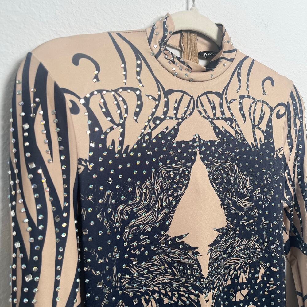 BANJUL Rhinestone Bodysuit Catsuit Nude Black Tribal Print Stretch Jumpsuit - Picture 3 of 15
